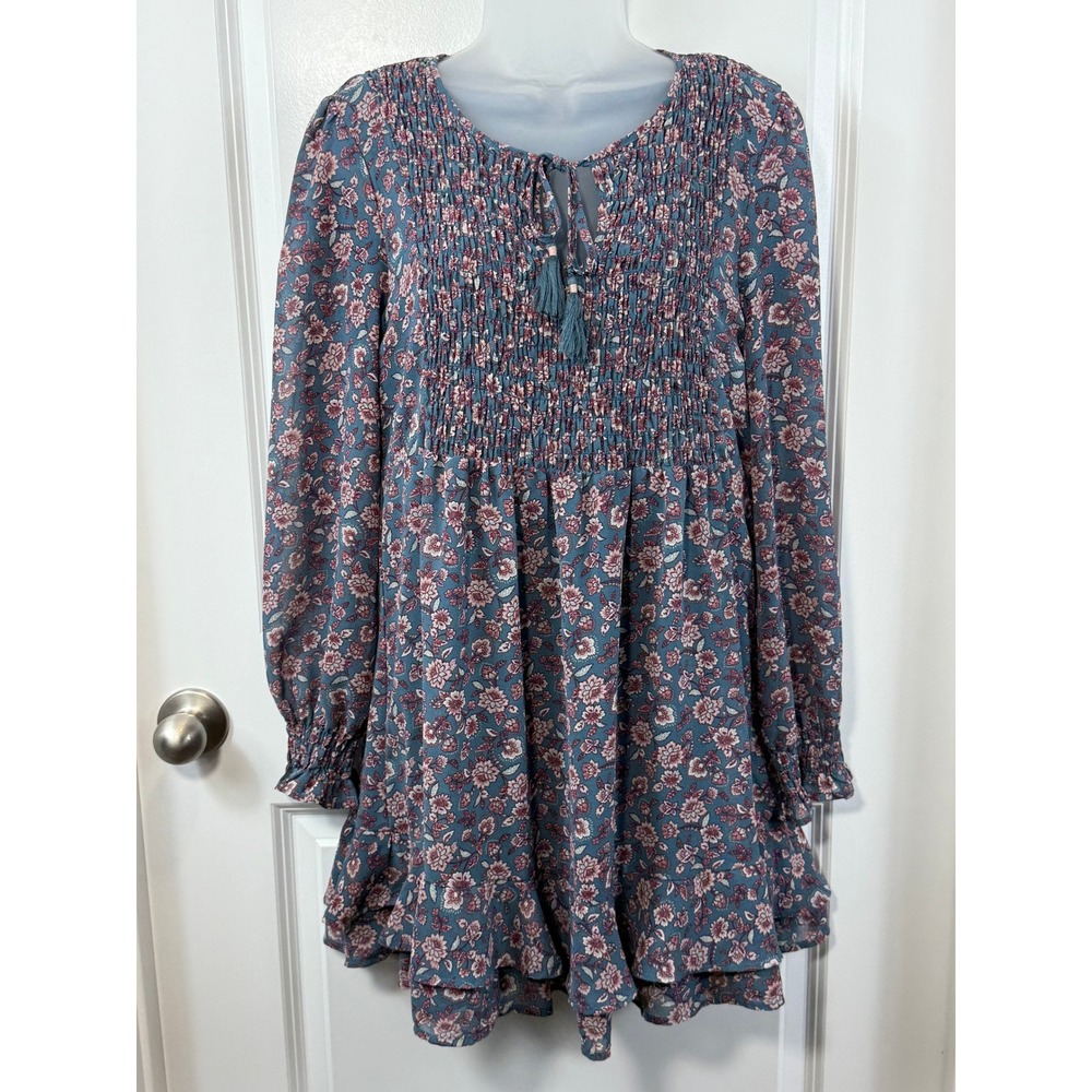 Blue Rain Floral Smocked Mini Dress Blue Mauve‎ Boho Tiered Ruffle Medium